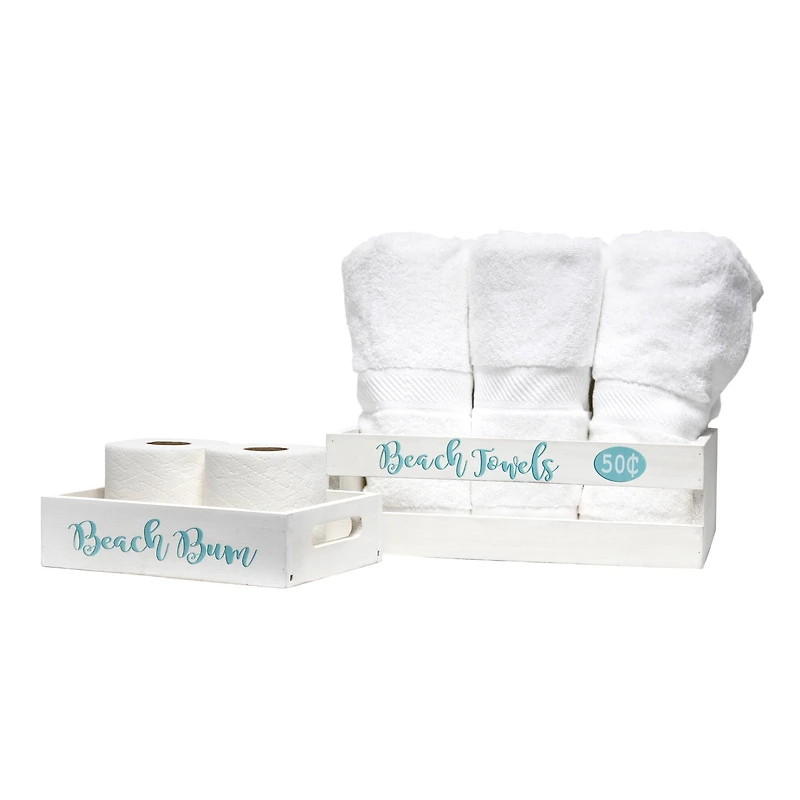 Elegant Designs Small White Wash Coastal Towel Holder, Frame & Toilet Paper Holder Set