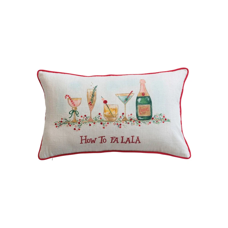 Hello Honey® 20" x 12" Embroidered How to Fa La La Cotton Slub Lumbar Pillow with Red Piping