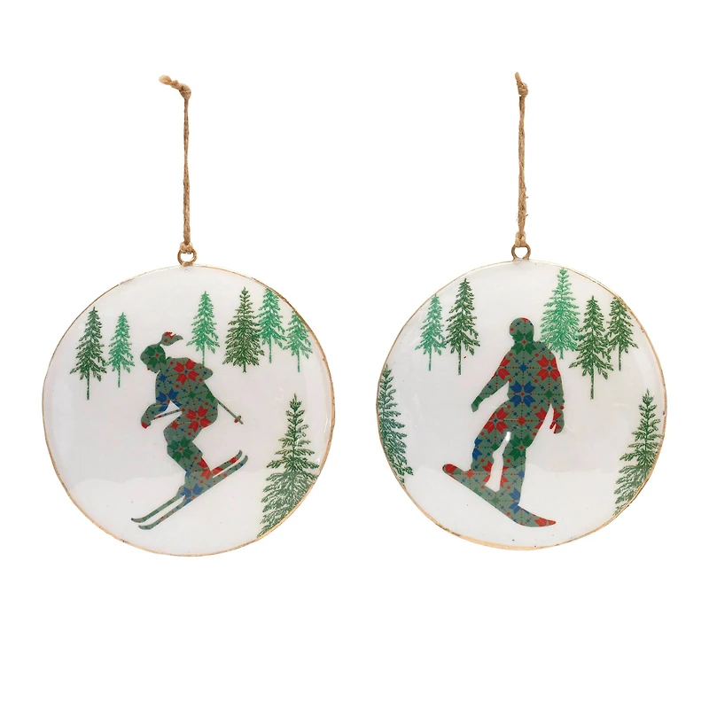 6" Ski & Snowboard Forest Metal Disc Ornaments Set
