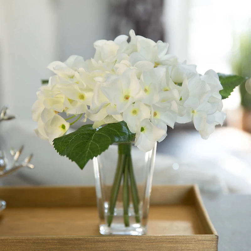 Flora Bunda® 9" White Hydrangeas Mix in Glass Vase
