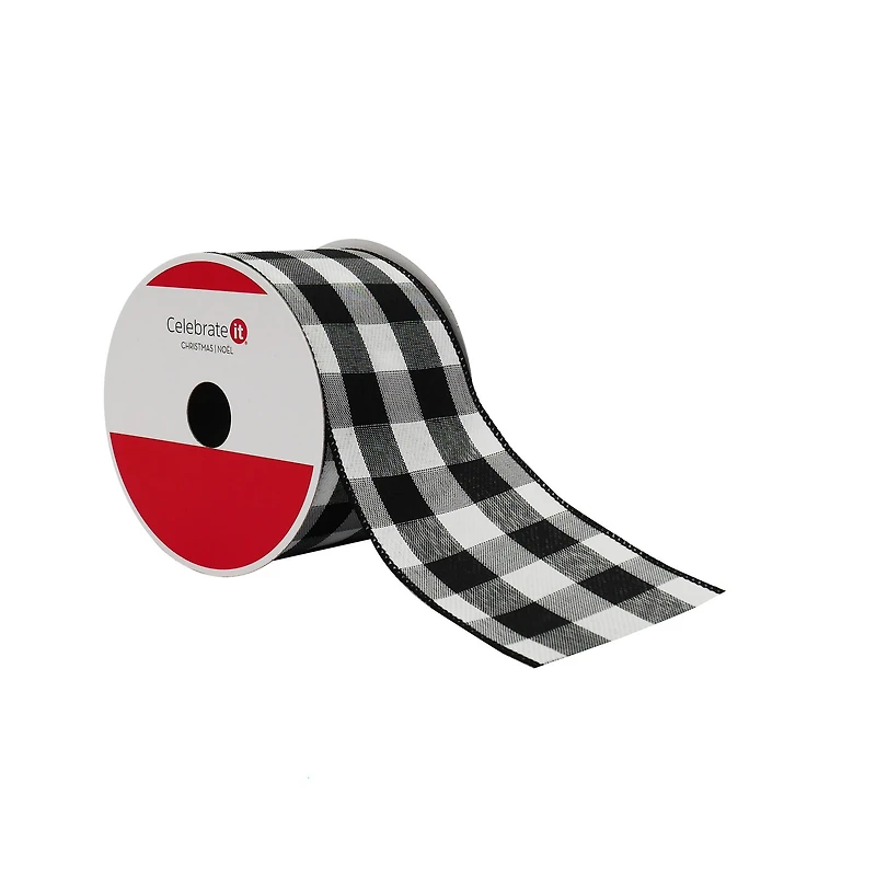 2.5" x 20ft. Black & White Buffalo Check Wired Taffeta Ribbon by Celebrate It®