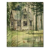 Designart - Haunted House In The Pine Forest - Lake House Print on Natural Pine Wood