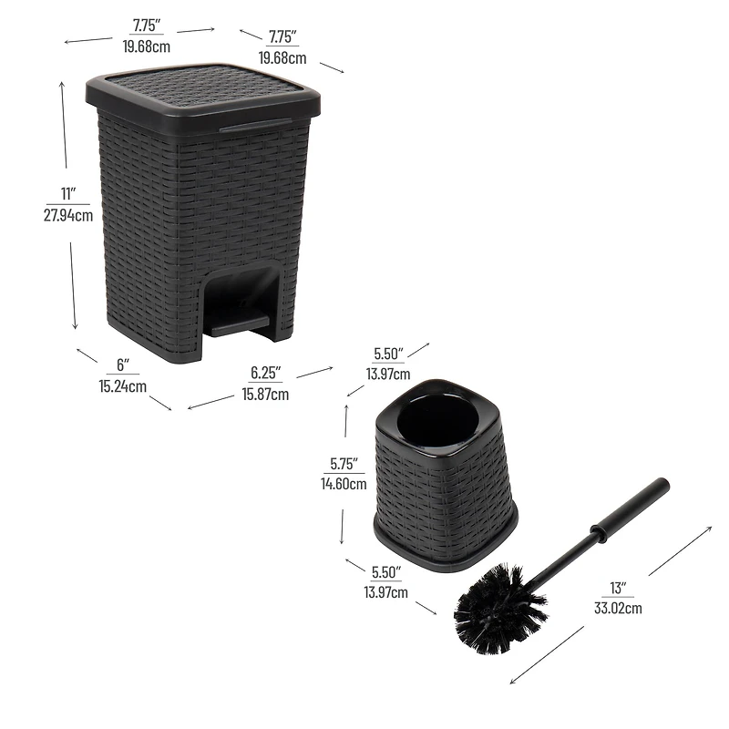 Mind Reader Wicker Style Square Wastepaper Pedal Basket & Toilet Brush Bathroom Set