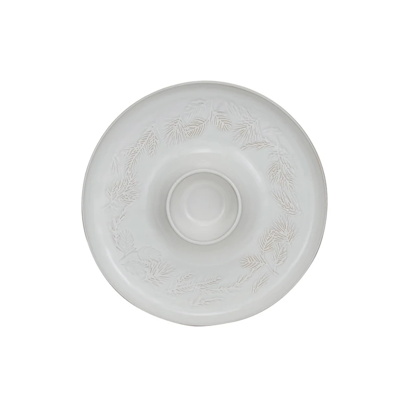 Hello Honey® 13.5" White Round Debossed Stoneware Chip & Dip with Pine Boughs in Reactive Glaze