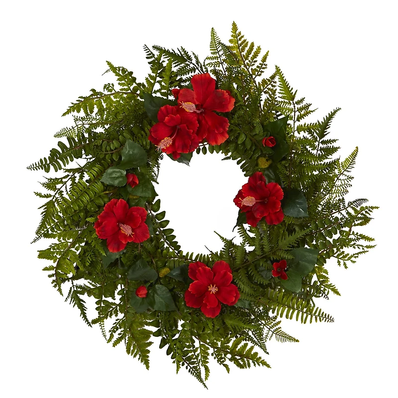 24" Mixed Fern & Hibiscus Artificial Wreath