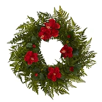 24" Mixed Fern & Hibiscus Artificial Wreath