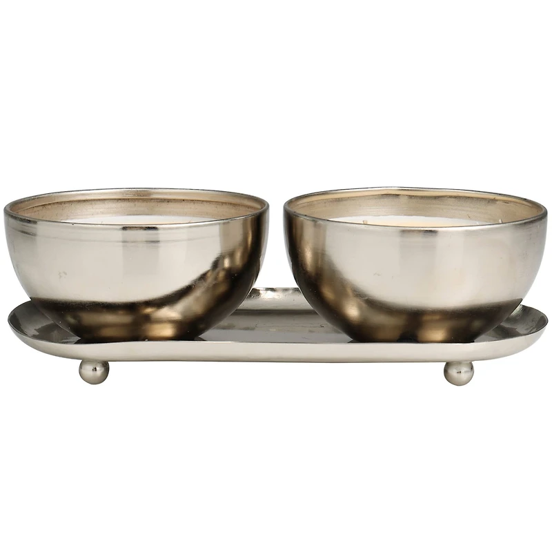 Jasmine Scented 2-Wick Candles in Silver Bowls Set 