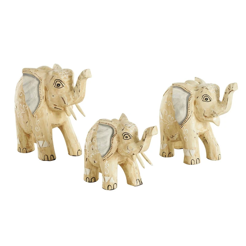 Light Brown Wood Elephant Handmade Sculpture Set, 3ct.