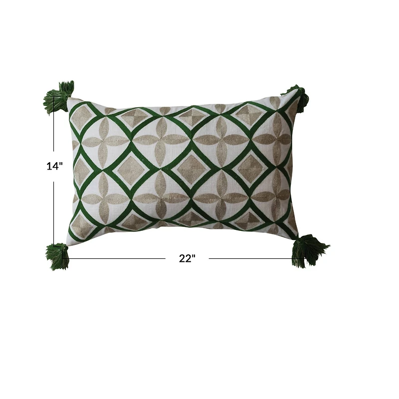 Hello Honey® 22" Natural & Green Cotton Embroidered Lumbar Pillow