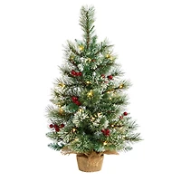 2ft. Pre-Lit Flocked Pine & Berry Artificial Christmas Tree in Burlap Base, Warm White LED Lights