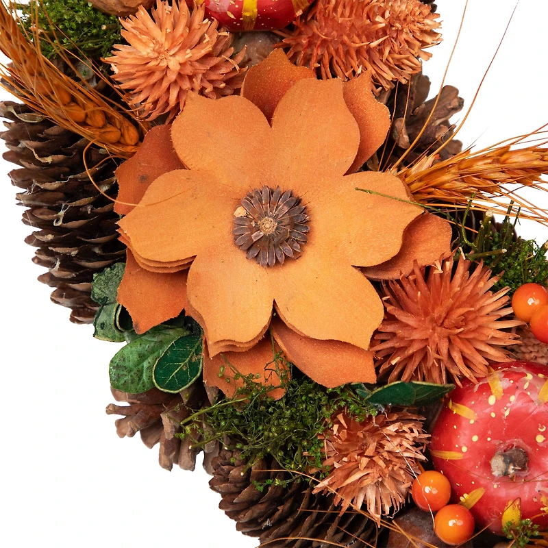 13.25'' Unlit Autumn Harvest Orange Flowers and Gourds Pine Cone Wreath