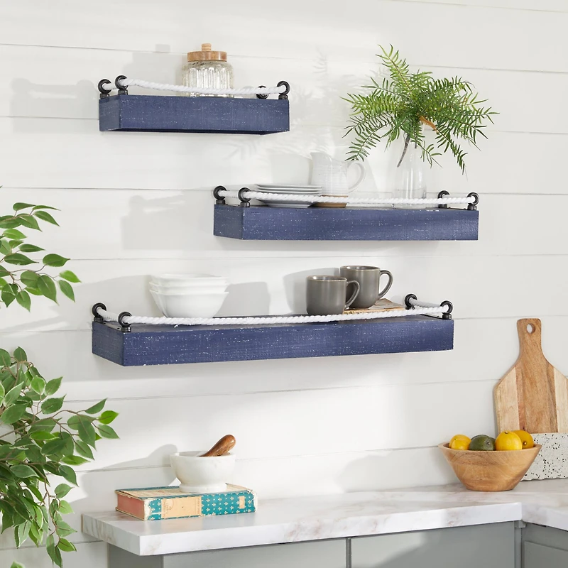 Set of 3 Blue Wood Contemporary Wall Shelves 32", 25", 17"