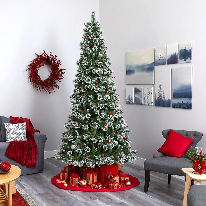9ft. Pre-Lit Frosted Swiss Pine & Berries Artificial Christmas Tree with Clear LED Lights