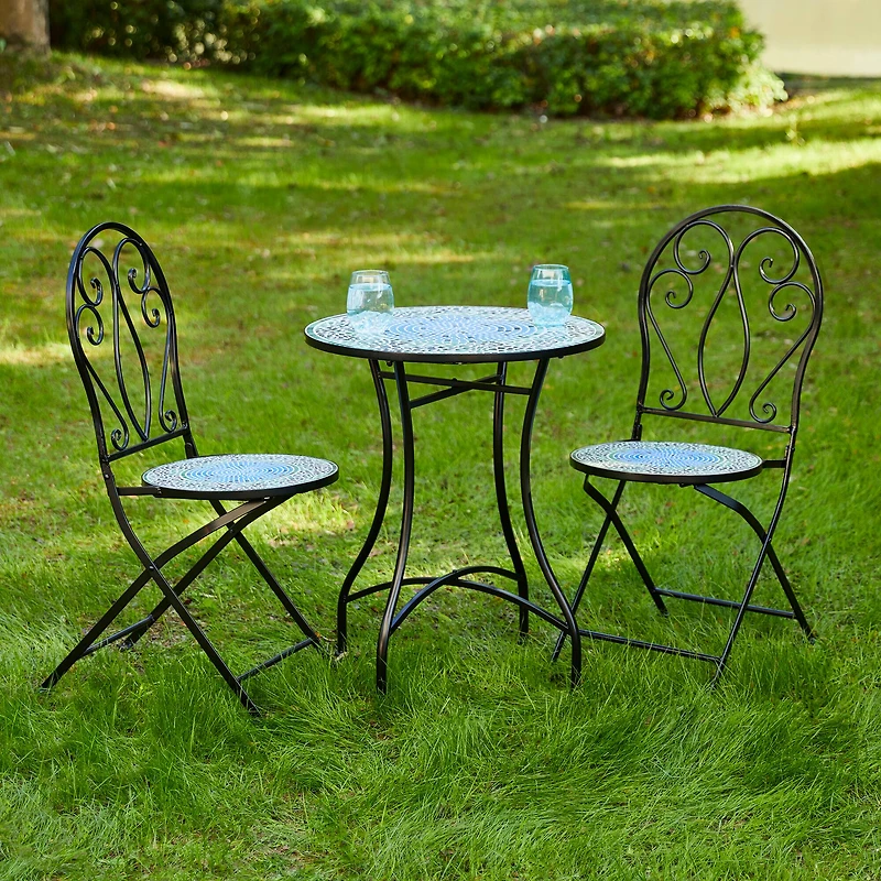 Glitzhome® 28" Green Outdoor Metal Folding Bistro Table with Ceramic Tile Top