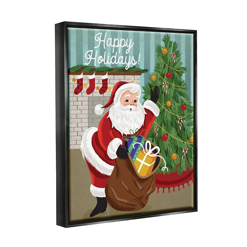Stupell Industries Happy Holidays Santa Gift Bag Framed Floater Canvas Wall Art