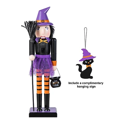 Glitzhome® 18.5"H Halloween Wooden Witch Nutcracker with Witch Cat Ornament