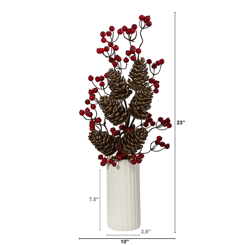 23" Pinecone & Berries Arrangement in White Vase