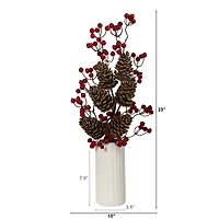 23" Pinecone & Berries Arrangement in White Vase
