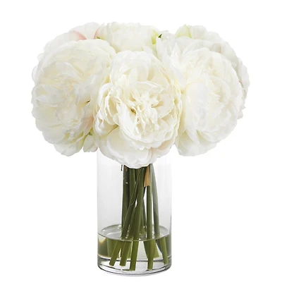 11" White Peony Bouquet in Glass Vase