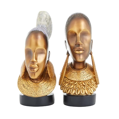 Set of 2 Gold Polystone Eclectic Sculptures, 11" x 5" x 6"
