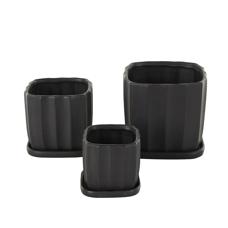 Black Square Wide Groove Textured Ceramic Planter Set
