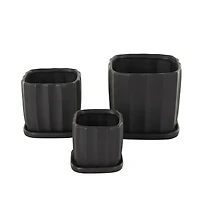 Black Square Wide Groove Textured Ceramic Planter Set