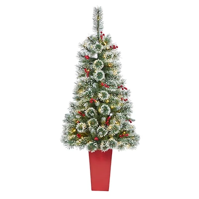 4ft. Pre-Lit Potted Frosted Swiss Pine Artificial Christmas Tree with Berries, Clear LED Lights