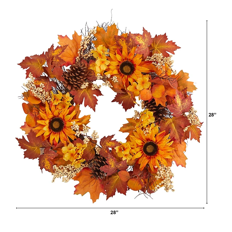 28" Autumn Maple Leaves, Sunflower, White Berries & Pinecones Wreath