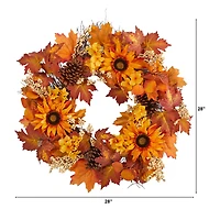 28" Autumn Maple Leaves, Sunflower, White Berries & Pinecones Wreath