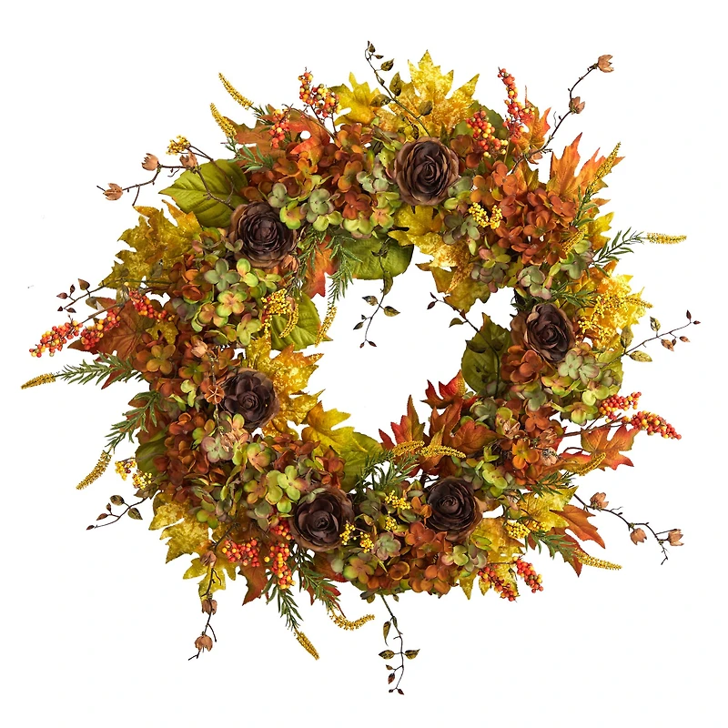32" Hydrangea, Ranunculus & Maple Leaf Autumn Artificial Wreath