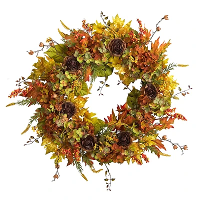 32" Hydrangea, Ranunculus & Maple Leaf Autumn Artificial Wreath