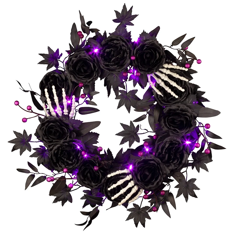 24" Bad to the Bone Black Flower & Skeleton Hand Halloween Pre-Lit LED Wreath