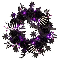 24" Bad to the Bone Black Flower & Skeleton Hand Halloween Pre-Lit LED Wreath