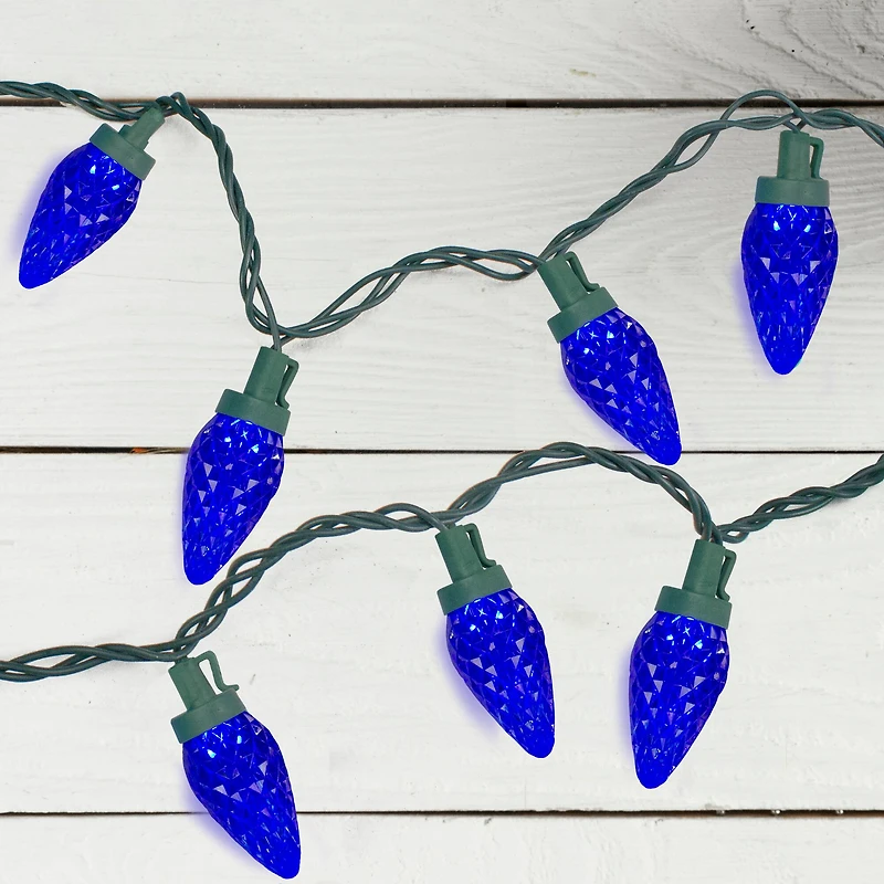 50ct. Blue LED Faceted C9 Christmas String Lights with Green Wire