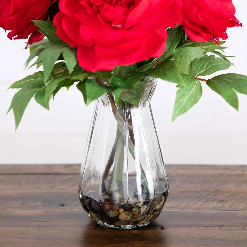 16" Red Peony Arrangement in Glass Vase