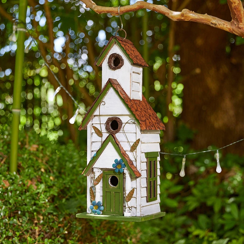 Glitzhome® 20" White & Green Distressed Wood 3-Story Villa Birdhouse
