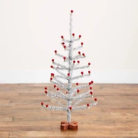 3ft. Artificial Retro Silver Tinsel Christmas Tree with 45 Red Mini Ornament Balls and Wooden Base