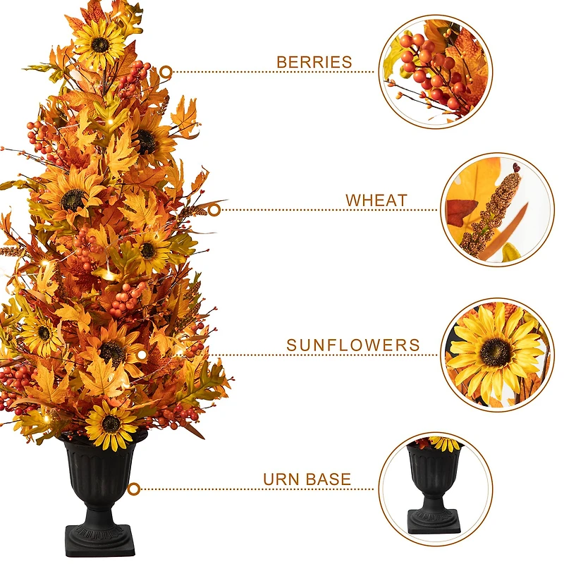 Glitzhome® 48" Fall Lighted Maple Leaf & Sunflower Urn Porch Tree with Timer