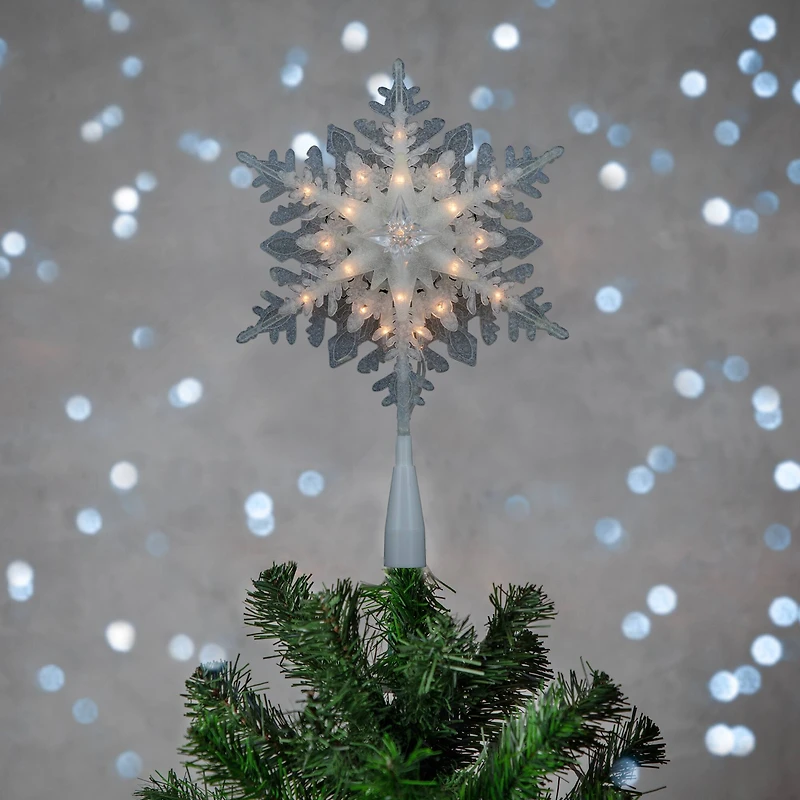 10" Lighted White Frosted Stacked Snowflake Christmas Tree Topper, Clear Lights