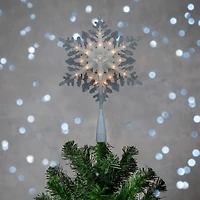 10" Lighted White Frosted Stacked Snowflake Christmas Tree Topper, Clear Lights