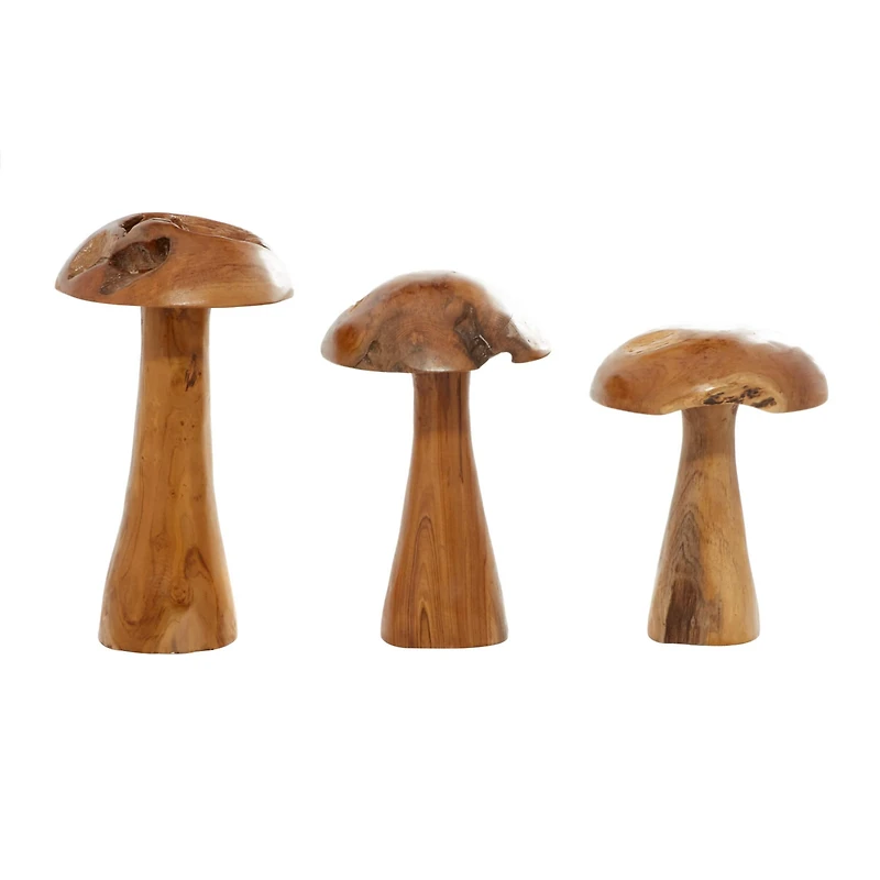 Brown Teak Wood Mushroom Sculpture Set