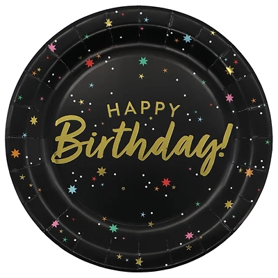 9" Black & Gold Starry Happy Birthday Paper Plates, 8ct. by Celebrate It™