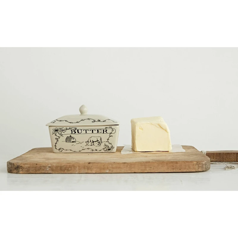 Hello Honey® 7" Country Style White & Black Stoneware Butter Dish with Lid