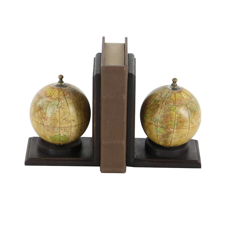 8" Rustic Brown Wood Globe Bookends