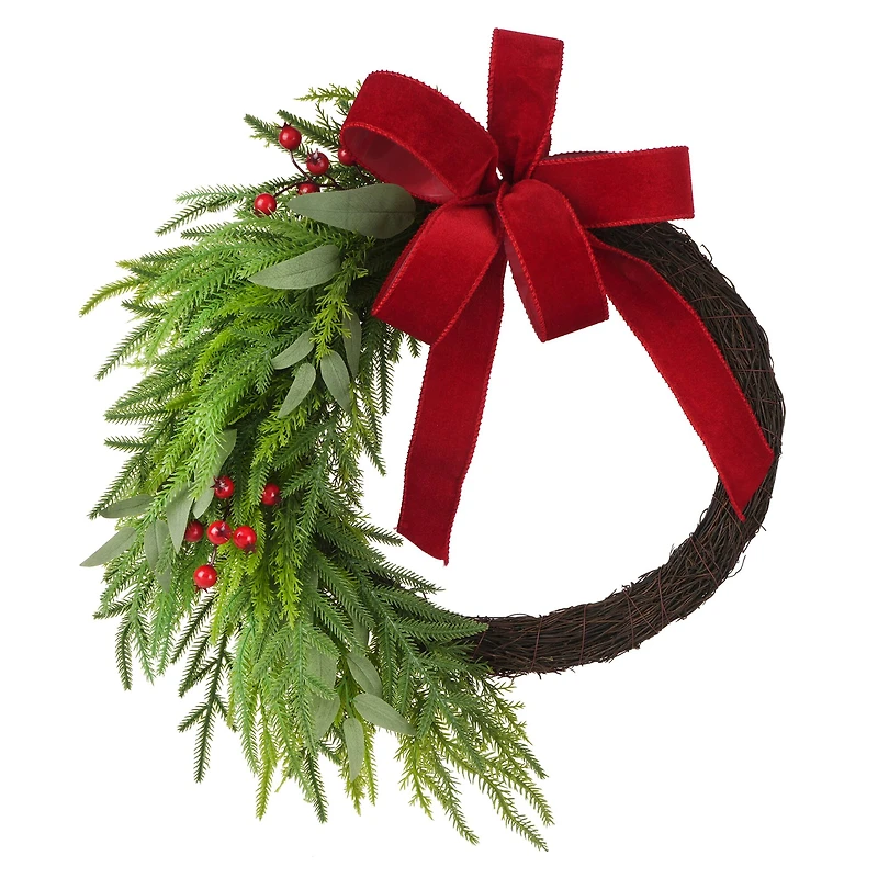 22" Red Bow, Pine & Eucalyptus Half Wreath by Ashland®