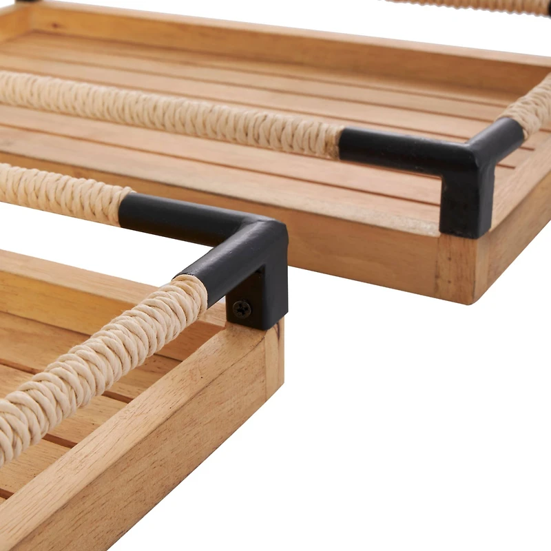 Brown Wood Slatted Tray with Elevated Woven Sides & Black Metal Corners Set