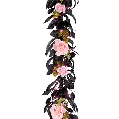 6ft. Cute & Creepy Pink & Black Halloween Flower Pre-Lit LED Garland