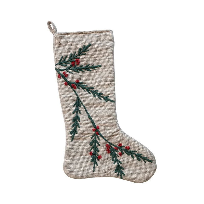 Hello Honey® 20" Natural White, Green & Red Woven Cotton & Jute Stocking with Embroidered Holly & Berries