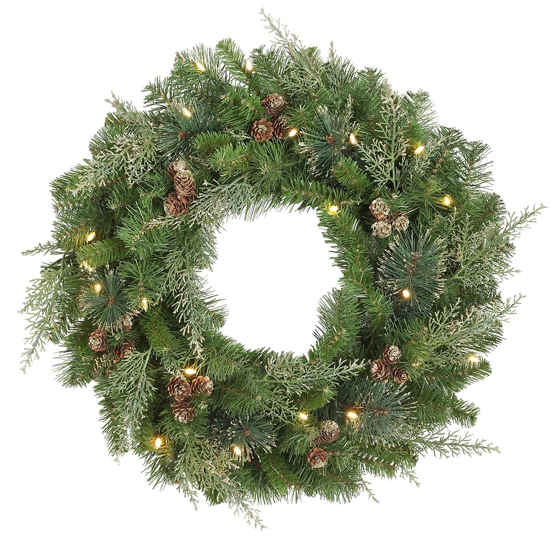Haute Decor 24" Pre-Lit Bergen Pine Gold Accents Wreath, Soft White LED Lights