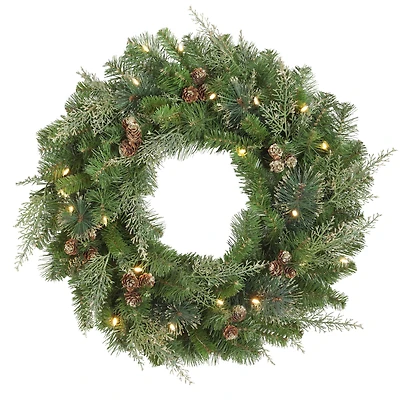 Haute Decor 24" Pre-Lit Bergen Pine Gold Accents Wreath, Soft White LED Lights